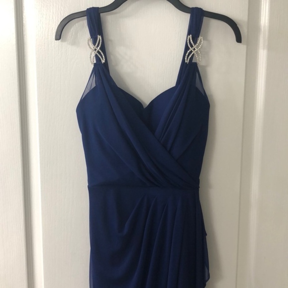 Betsy & Adam Blue Pleated & Rouched Formal Gown w/ Crystal Strap Details